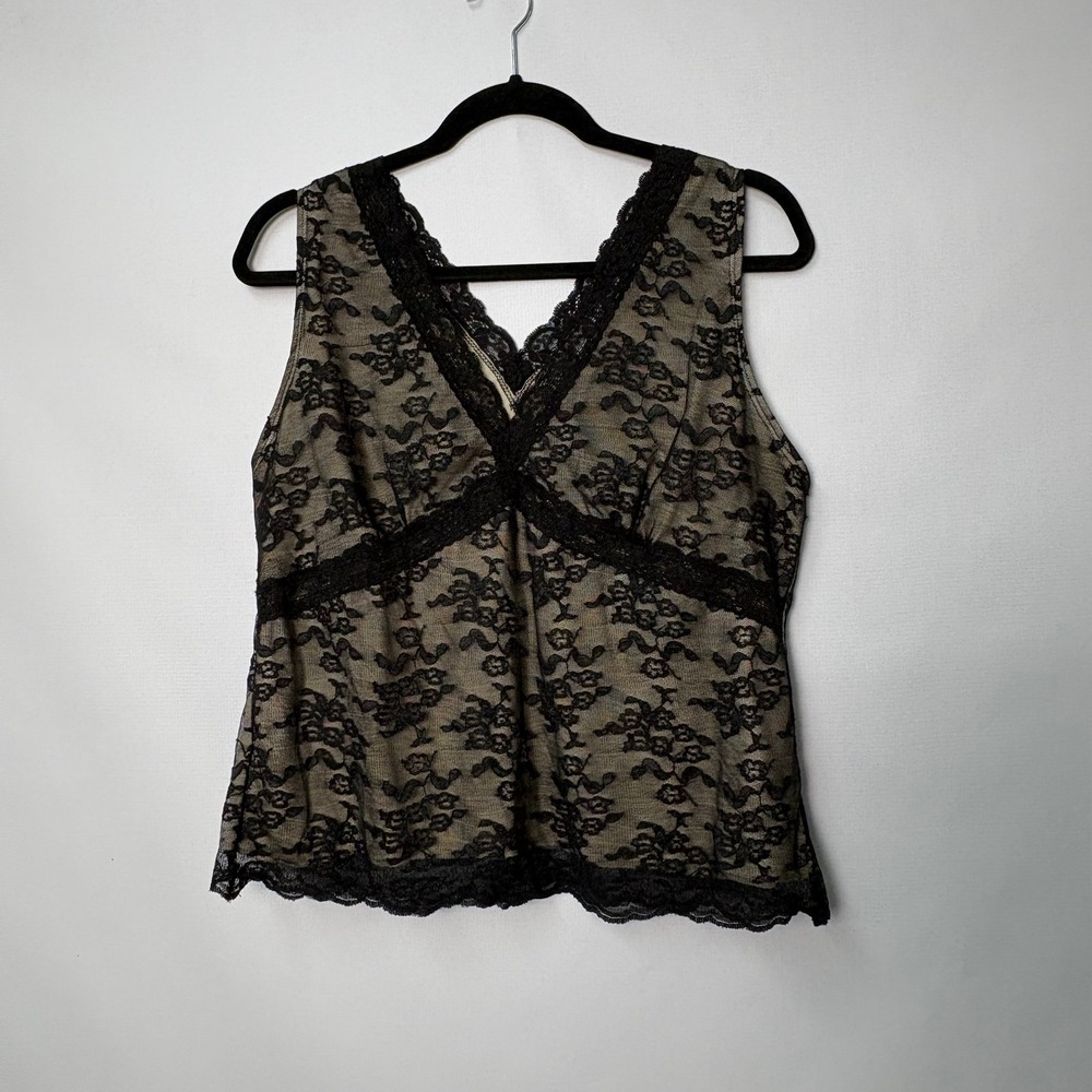 Worthington Black Floral Lace Babydoll Sleeveless Lined Camisole Top XL Y2K Vtg